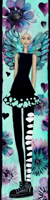 Free angel bookmark featuring an angel with one leg in striped clothing